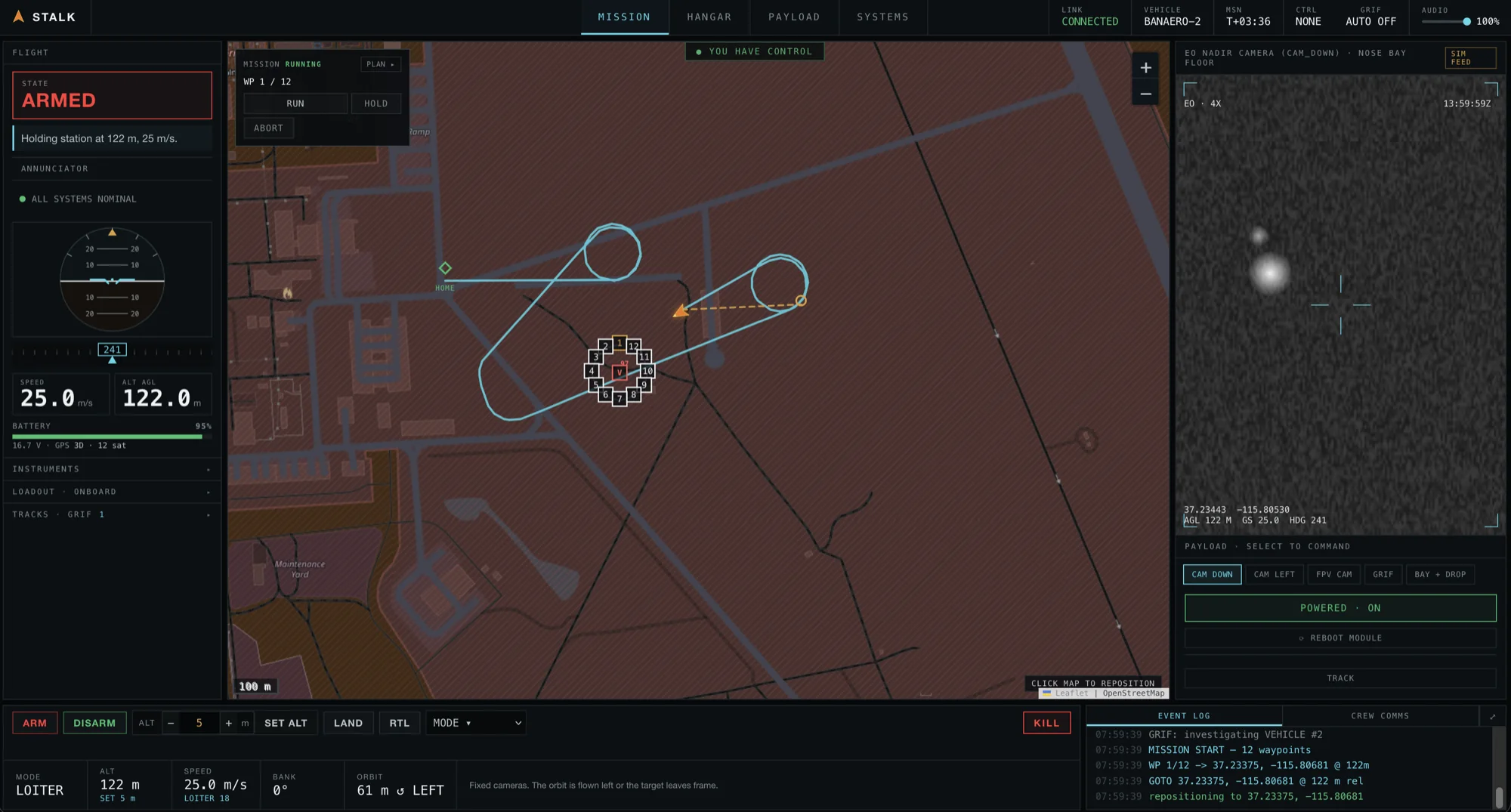 Stalk showing Grif investigating a vehicle: the aircraft breaks off the search pattern into an orbit around the contact while the nadir camera holds the target